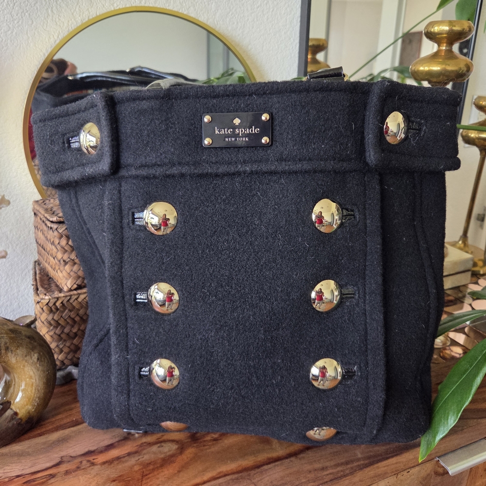 kate spade Black Wool Shoulder Bag with Gold-Tone Studs